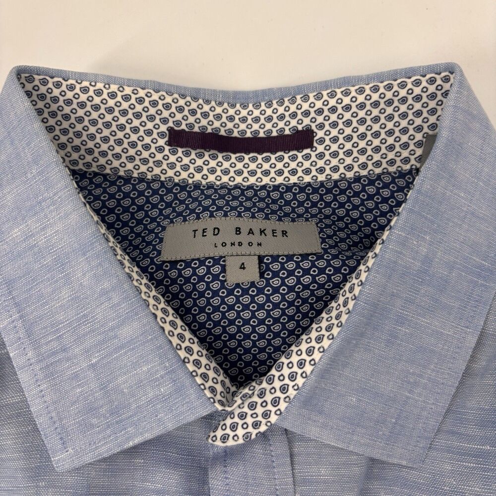 Ted Baker Shirt Mens 4 Large Blue Flip Cuff Linen Cotton Blend London Button Up